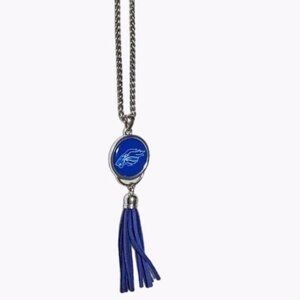 Blue Lion Pendant Necklace Leather Tassel Silver Tone Long Chain Fashion Jewelry
